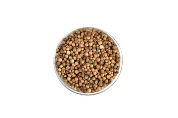 Seeds of aromatic coriander spice in a round vase isolated on white background.