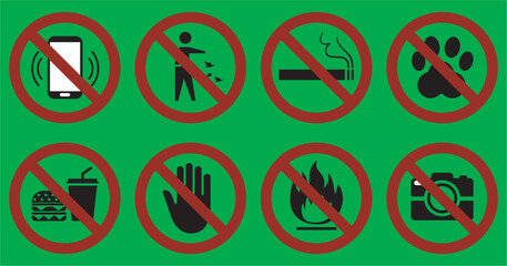 Prohibited items and actions a collection of red circle and slash signs