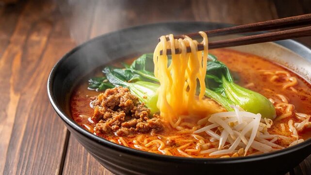 湯気の立つ担々麵から麺をすくい上げる瞬間に漂う香ばしい香り