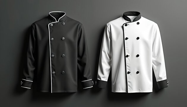 Two chef jackets white and black hang side by side. They feature double breasted closure with round buttons and contrasting trim. Pro culinary attire for chefs, cooks, and kitchen staff.