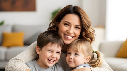 Obraz premium Beautiful smiling mother bonding with her two happy young children, a boy and a girl, in a cozy home environment, expressing joy and family connection