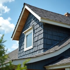 Closeup view of house exterior wall covered with dark gray cedar shingles. White-trimmed window visible against textured siding. Roofline, eaves also shown under bright blue sky with scattered white