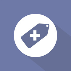 Medical tag cross icon. Health price Vector symbol. Flat design lavender background. Pharmacy product label.