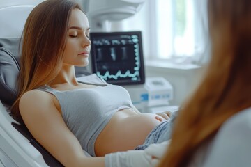 Woman has ultrasound examination in clinic during daytime