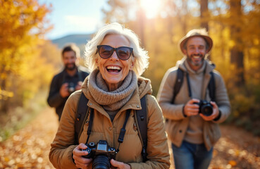 Group of mature friends hike through colorful autumn forest. Smiling woman holds camera enjoys the fall nature. Other people with cameras walk behind her. Happy senior people enjoy leisure time.