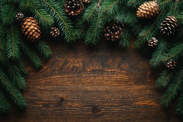 Holiday decorations with pine branches and cones on wooden background in bright light
