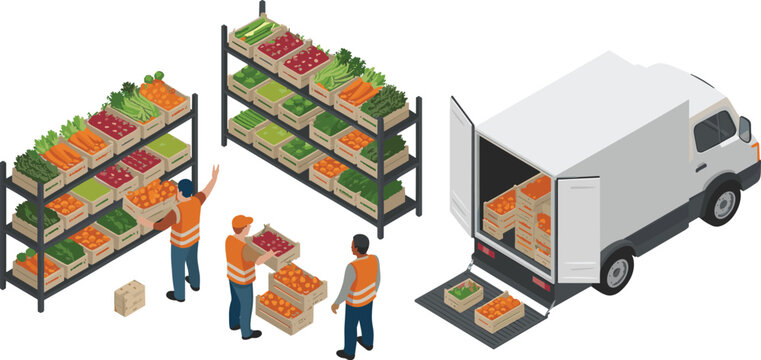 isometric produce warehouse, vegetable delivery, food distribution, workers loading truck, logistics illustration, fresh produce storage, supply chain concept