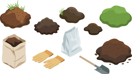 Isometric soil illustration, gardening dirt piles, compost bags, garden tools, mulch and earth set, gardening equipment icons