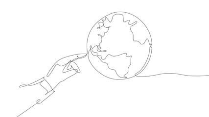 Finger touch the globe. Single continuous line world global map graphic icon. Simple one-line doodle for a technology concept. isolated vector illustration minimalist design on white background