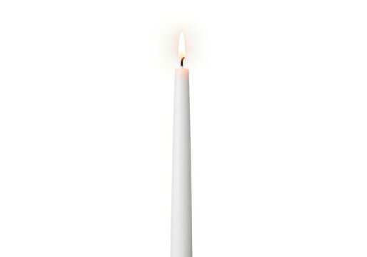Tall, slender white taper candle burns brightly against a plain white background
