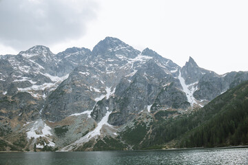 Frozen lake and snowy mountain in Morskie Oko Lake , Zakopane Polland