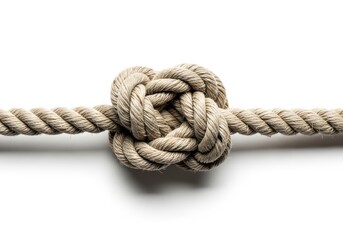 Fototapeta premium Thick natural fiber rope is tied into a complex knot against a bright white background