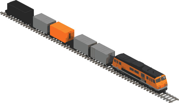 isometric train, freight locomotive, cargo wagons, rail transport, railroad illustration, industrial logistics, transportation system, cargo train, railway vehicle