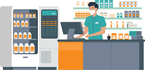 Modern pharmacy counter illustration, pharmacist at work, drugstore interior, medication shelves, pharmacy staff, healthcare retail, flat vector design