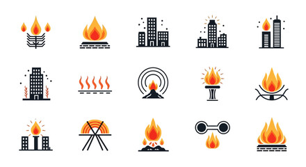 Vector Icon Set Featuring Fire Flames and City Buildings.