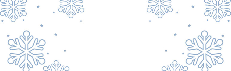 Frosty winter border with pale blue geometric snowflakes and scattered stars framing wide white copy space, perfect for Christmas greetings, seasonal invitations, web banners, and festive holiday prom