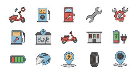 Electric Vehicle and Scooter Icons - Charging, Repair, and Location.