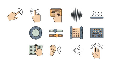 Diverse icons representing touch, sound, and control elements for technology.