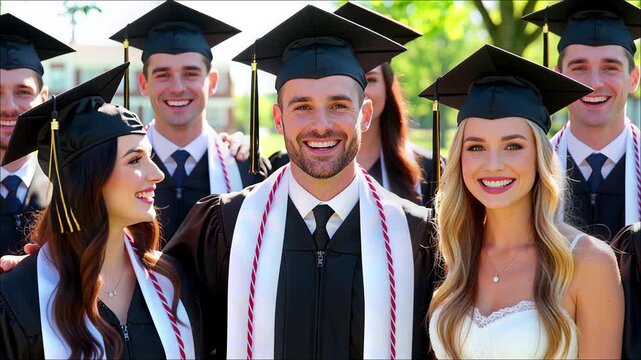 Group of smiling diverse graduates wearing black caps and gowns with white and red honor cords outdoors