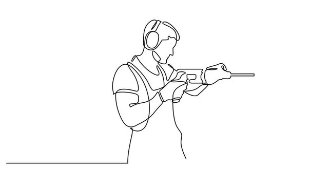 Animated self drawing of continuous line draw young handyman wearing helmet and uniform while holding drill machine. Full length animation