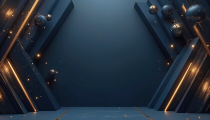 Dark blue abstract background with golden lines, spheres. Scattered light particles create festive luxurious atmosphere. Modern geometric shapes create futuristic backdrop suitable for presentations