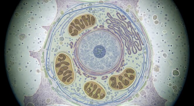 Transmission electron micrograph of a eukaryotic animal cell showing the nucleus, mitochondria, and endoplasmic reticulum in cross section
