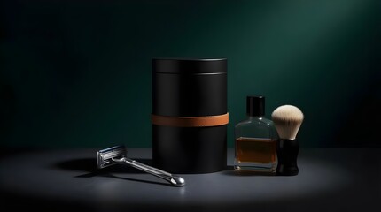 Elegant masculine grooming essentials featuring a razor, cologne, and shaving brush artfully arranged for luxury advertising
