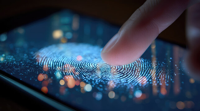 A close-up of a finger touching a smartphone screen displaying a digital fingerprint pattern with colorful light effects. - Powered by Adobe
