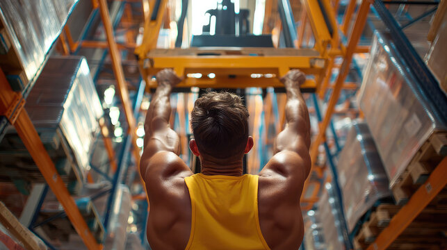 A muscular young Caucasian man performs a pull-up in a warehouse. The setting features shelves filled with boxes and industrial equipment. - Powered by Adobe