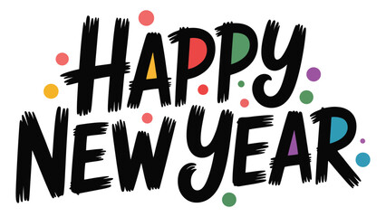Playful “Happy New Year” bold brush-style typography with colorful confetti dots for festive holiday greetings, celebration cards, posters, and digital graphics