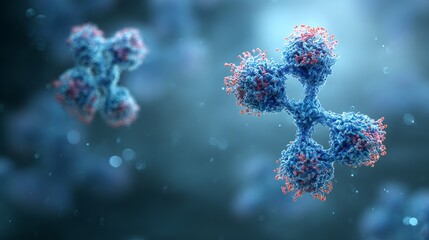 Abstract Antibody Molecule Structure in Blue Microscopic Environment. AI generative