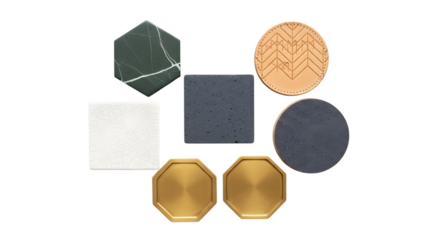Geometric coasters isolated on transparent background with marble, wood, and metal accents