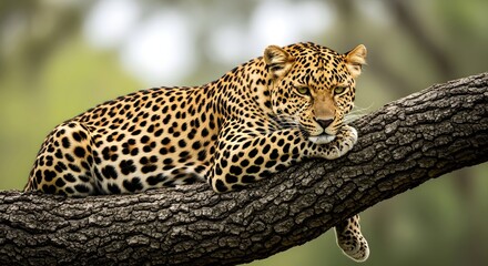 Obraz premium Leopard resting on a thick tree branch in the wild with a blurred background