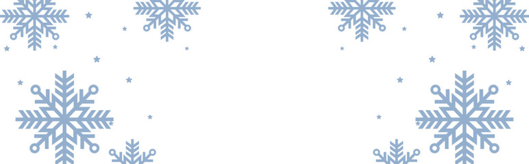 Fototapeta premium Frosty winter border with pale blue geometric snowflakes and scattered stars framing wide white copy space, perfect for Christmas greetings, seasonal invitations, web banners, and festive holiday prom