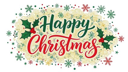Happy christmas handwritten calligraphy text with holly berries and snowflakes decoration isolated on white background