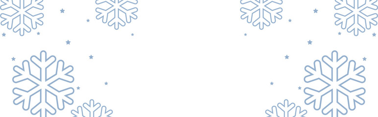 Frosty winter border with pale blue geometric snowflakes and scattered stars framing wide white copy space, perfect for Christmas greetings, seasonal invitations, web banners, and festive holiday prom