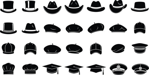 Set of Diverse Hat and Headwear Silhouettes Vector Collection, Black Monochrome Icons of Top Hats, Cowboy, Beret, Chef, and Graduation Caps for Design Projects.