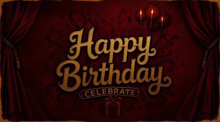 Elegant golden Happy Birthday message glows against deep red velvet curtain backdrop with classic candlelit celebration ambiance