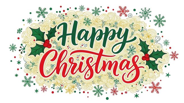 Happy christmas handwritten calligraphy text with holly berries and snowflakes decoration isolated on white background - Powered by Adobe