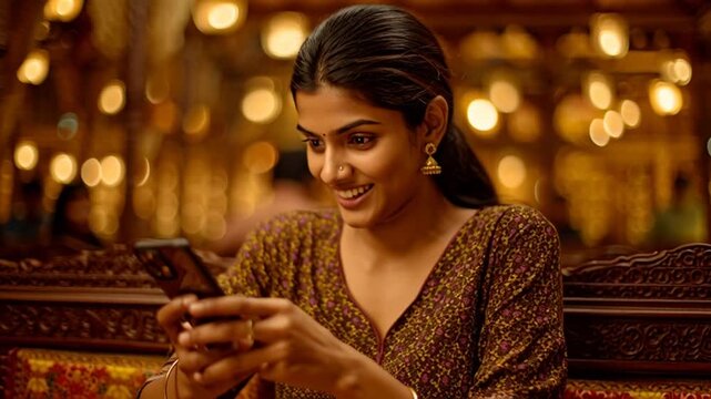 Young Indian Woman Engaged with Smartphone in Ornate Restaurant Setting