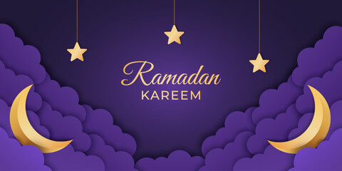 Ramadan Kareem vector banner with golden crescent moons, hanging stars and night sky clouds in paper cut style 