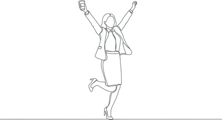 Woman in business attire celebrating with arms raised high