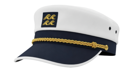 Isolated navy-blue captain's hat with gold rope trim, nautical apparel for boating and sailing