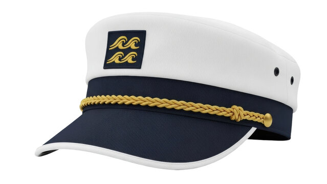 Isolated navy-blue captain's hat with gold rope trim, nautical apparel for boating and sailing