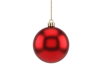 A single, shiny red christmas ornament hanging from a thin gold chain, isolated on transparent background