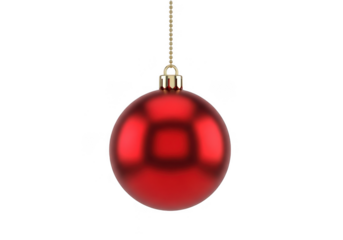 A single, shiny red christmas ornament hanging from a thin gold chain, isolated on transparent background
