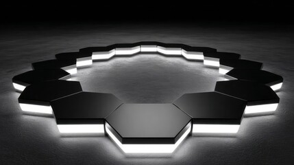 Futuristic hexagon light podium circle on dark background. AI generative