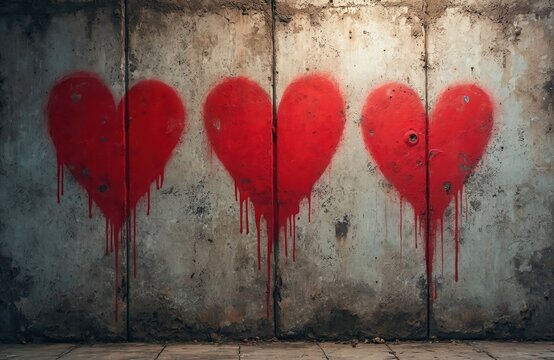 Red hearts spray painted on a grungy concrete wall. Dripping paint suggests a distressed or brokenhearted theme. Textured surface, urban art style.