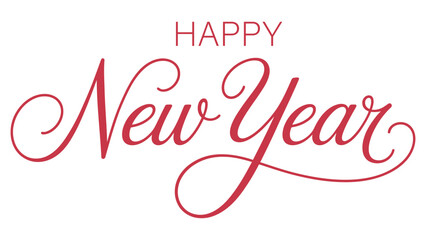 Elegant red calligraphy “Happy New Year” typography design with decorative script lettering for festive celebration cards, greetings, and seasonal graphics