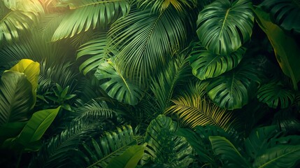 Fototapeta premium Lush green tropical foliage with varied leaf shapes and sizes
